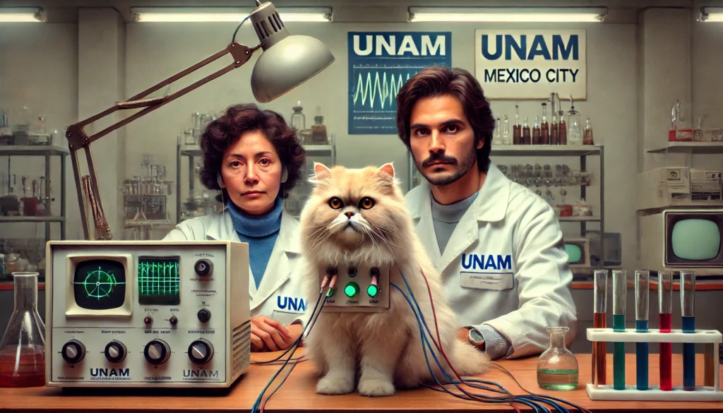 Gato con casco tecnológico en un laboratorio de la Ciudad de México.