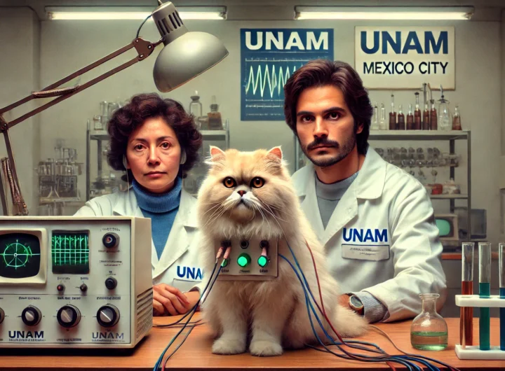 Gato con casco tecnológico en un laboratorio de la Ciudad de México.