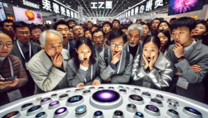 Asistentes chinos observan con asombro gadgets tecnológicos sin utilidad clara durante un evento de Huawei