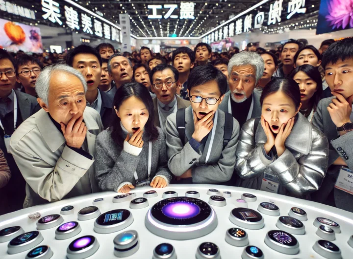 Asistentes chinos observan con asombro gadgets tecnológicos sin utilidad clara durante un evento de Huawei