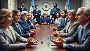 Ministros del Gobierno de Argentina juegan piedra, papel o tijera durante una reunión por el presupuesto