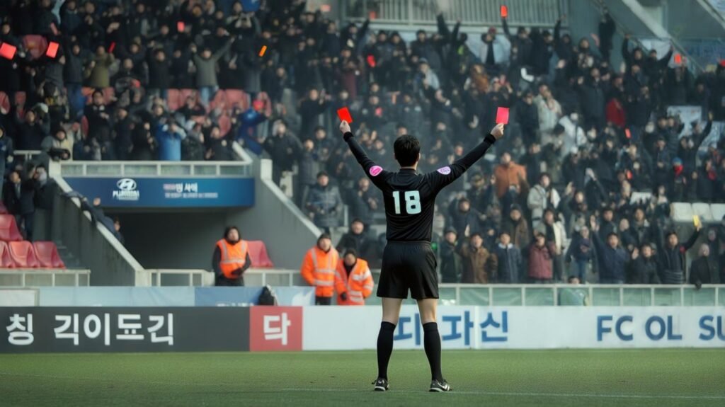 Árbitro muestra tarjeta amarilla al público durante partido de la K League entre equipos surcoreanos en febrero