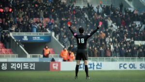 Árbitro muestra tarjeta amarilla al público durante partido de la K League entre equipos surcoreanos en febrero