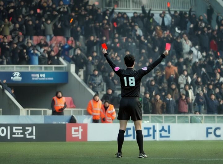 Árbitro muestra tarjeta amarilla al público durante partido de la K League entre equipos surcoreanos en febrero